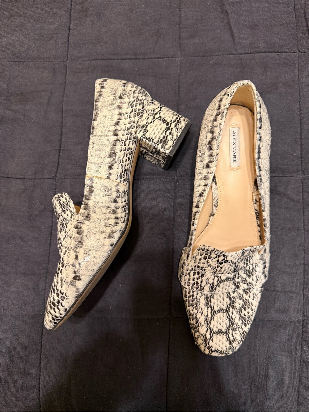 Alex Marie Snake-Print Block Heel Loafers in Cream & Black